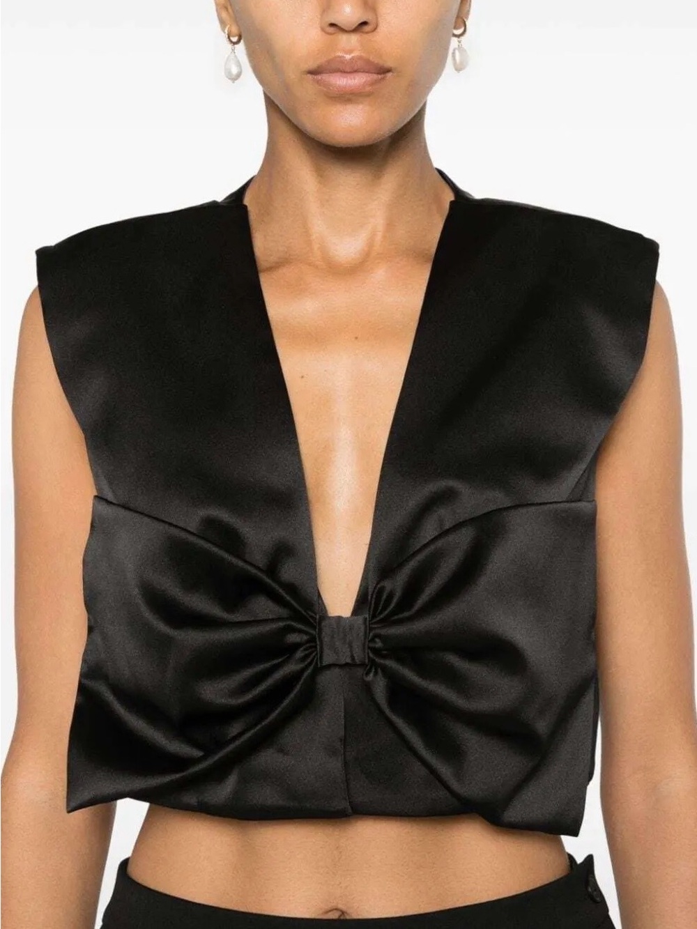 Sandro Black Satin Bow-Detail V-Neck Crop Top